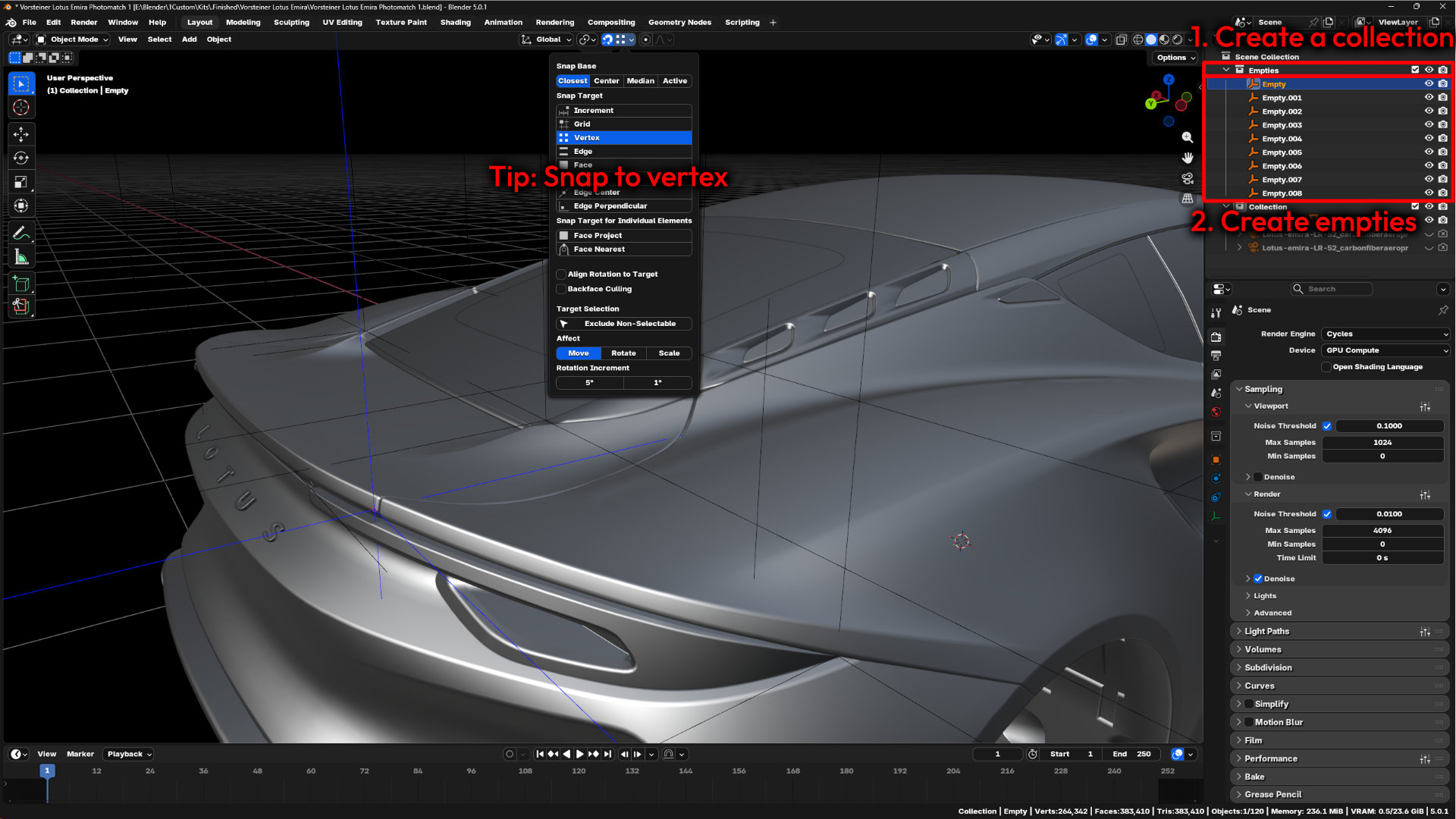 3D Empty objects placed on Lotus Emira base model mesh in Blender 3D viewport