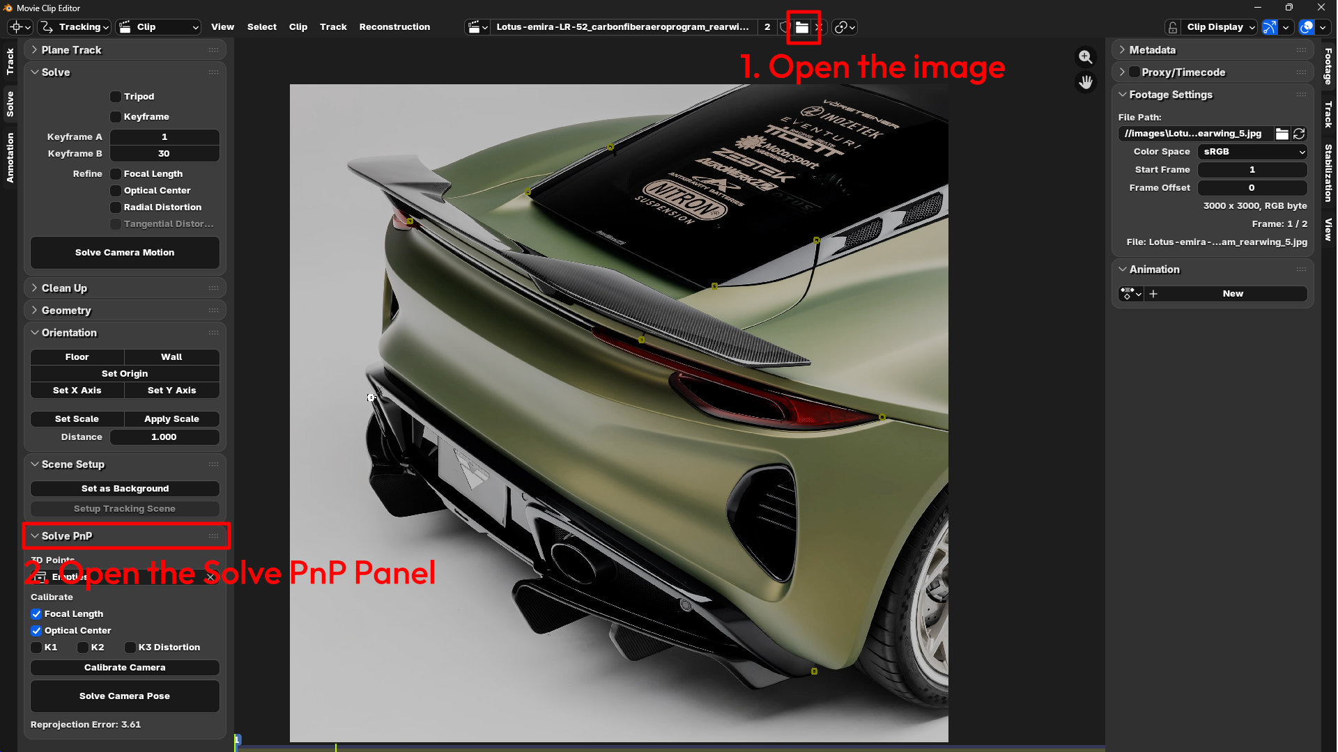 Blender Movie Clip Editor with Lotus Emira reference photo and Solve PnP panel